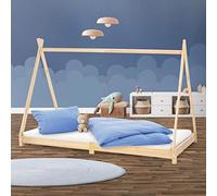 ML-Design Cama Infantil Tipi Natural 90x200 cm Madera de Pino Maciza con Somier Estructura de Listones, Cuna de Suelo en Forma de Casa Tienda de Campaña de Indio Mobiliario Juego, Lecho Niño y Bebé