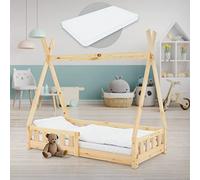 ML-Design Cama Infantil Tipi Natural con Colchón 70x140cm Protección Anticaída y Somier Estructura Listones, Madera Maciza de Pino para Niño en Forma de Casa con Reja Cama Juvenil Juego Lecho de Suelo