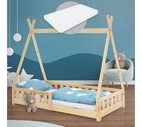 ML-Design Cama Infantil Tipi Natural con Colchón 80x160 cm Protección Anticaída y Somier Estructura Listones de Madera Maciza de Pino para Niño Forma de Casa con Reja Cama Juvenil Juego Lecho de Suelo