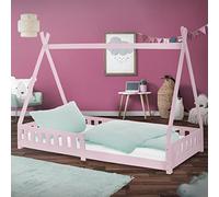 ML-Design Cama Infantil Tipi Rosa 200x90 cm con Protección Anticaída y Somier Estructura Listones de Madera de Pino Maciza Lecho Cuna de Suelo Forma de Casa Mobiliario Juego Tienda de Campaña Niños