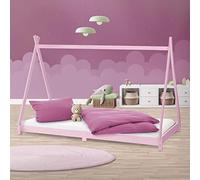 ML-Design Cama Infantil Tipi Rosa 90x200 cm Madera de Pino Maciza con Somier Estructura de Listones, Cuna de Suelo en Forma de Casa Tienda de Campaña de Indio Mobiliario Juego, Lecho Niño y Bebé