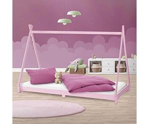 ML-Design Cama Infantil Tipi Rosa 90x200 cm Madera de Pino Maciza con Somier Estructura de Listones, Cuna de Suelo en Forma de Casa Tienda de Campaña de Indio Mobiliario Juego, Lecho Niño y Bebé