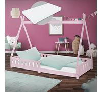 ML-Design Cama Infantil Tipi Rosa con Colchón 200x90 cm Protección Anticaída y Somier Estructura Listones de Madera Maciza de Pino para Niño Forma de Casa Cuna Juvenil con Reja Juego Lecho de Suelo