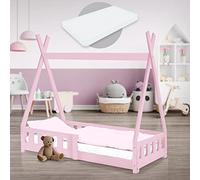 ML-Design Cama Infantil Tipi Rosa con Colchón 70x140cm con Protección Anticaída y Somier Estructura Listones de Madera Maciza de Pino para Niño Forma de Casa con Reja Cama Juvenil Juego Lecho de Suelo