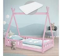ML-Design Cama Infantil Tipi Rosa con Colchón 80x160 cm Protección Anticaída y Somier Estructura Listones de Madera Maciza de Pino para Niño Forma de Casa Cuna Juvenil con Reja Juego Lecho de Suelo