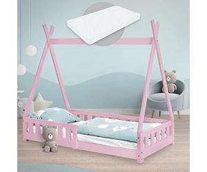 ML-Design Cama Infantil Tipi Rosa con Colchón 80x160 cm Protección Anticaída y Somier Estructura Listones de Madera Maciza de Pino para Niño Forma de Casa Cuna Juvenil con Reja Juego Lecho de Suelo