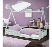 ML-Design Cama Infantil Tipi Verde Menta 200x90 cm + Colchón Hipoalergénico 16 cm, Protección Anticaída y Somier, Cuna Juvenil de Madera Maciza de Pino para Niño en Forma de Casa, Juego Lecho de Suelo