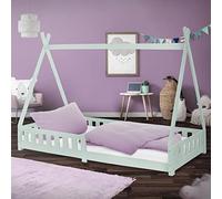 ML-Design Cama Infantil Tipi Verde Menta 200x90 cm con Protección Anticaída y Somier Estructura de Listones de Madera de Pino Maciza Lecho Cuna de Suelo Mobiliario Juego Casa Tienda de Campaña Niños