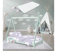 ML-Design Cama Infantil Tipi Verde Menta 70x140 cm con Colchón de Espuma Fría y Somier de Listones, Cuna de Suelo Juvenil de Madera Maciza de Pino, Lecho para Niño y Bebé, Casa Tienda de Campaña Juego