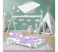 ML-Design Cama Infantil Tipi Verde Menta 80x160 cm con Colchón de Espuma Fría y Somier de Listones, Cuna de Suelo Juvenil de Madera Maciza de Pino, Lecho para Niño y Bebé, Casa Tienda de Campaña Juego