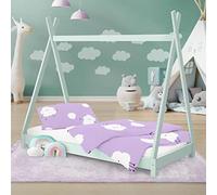 ML-Design Cama Infantil Tipi Verde Menta 80x160 cm Madera de Pino Maciza con Somier Estructura de Listones, Cuna de Suelo Forma de Casa Tienda de Campaña de Indio Mobiliario Juego, Lecho Niño y Bebé