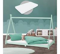 ML-Design Cama Infantil Tipi Verde Menta 90x200 cm + Colchón de Espuma Fría 16cm y Somier de Listones, Cuna de Suelo Juvenil de Madera Maciza de Pino, Lecho para Niño, Casa Tienda de Campaña Juego