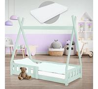 ML-Design Cama Infantil Tipi Verde Menta con Colchón 70x140cm Protección Anticaída y Somier Estructura Listones Madera Maciza de Pino para Niño Forma de Casa con Reja Cama Juvenil Juego Lecho de Suelo