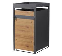 ML-Design Cobertizo de Exterior para 1 Cubo de Basura de 240L 68x80x124 cm con Aspecto Roble Mueble Cubrecontenedor de Acero Resistente con Techo Vegetal y Puerta Abatible con Cerradura
