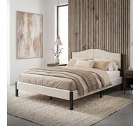 ML-Design Estructura Cama Tapizada Doble 140 x 200 cm Cabecero y Somier Robusto de Láminas con Armazón de Acero y Tejido de Lino Beige, Base para Dormitorio Matrimonial Moderno