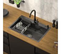 ML-Design Fregadero de Cocina de un Seno 68x45 cm Antracita Lavabo Sobre Encimera o Enrasado con Juego de Desagüe, Dosificador de Jabón y Escurridor Cubeta de Acero Inoxidable Anti-condensación