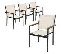 ML-Design Juego 4X Sillas de Jardín Beige Asiento de Textilene para Terraza, Aspecto Madera y Estructura de Aluminio con Reposabrazos y Respaldo Mueble Apliable Resistente a la Intemperie