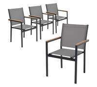 ML-Design Juego 4X Sillas de Jardín Gris Oscuro Asiento de Textilene para Terraza, Aspecto Madera y Estructura de Aluminio con Reposabrazos y Respaldo Mueble Apliable Resistente a la Intemperie