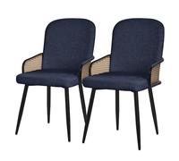 ML-Design Juego de 2X Sillas de Comedor con Funda de Tela Azul Oscuro, Asiento de Salón con Respaldo, Reposabrazos con Aspecto de Ratán Mueble Tapizado con Patas de Metal, Sillón Ergonómico de Cocina