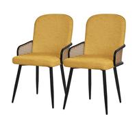 ML-Design Juego de 2X Sillas de Comedor con Funda de Tela Mostaza, Asiento de Salón con Respaldo, Reposabrazos con Aspecto de Ratán Mueble Tapizado con Patas de Metal, Sillón Ergonómico de Cocina