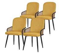 ML-Design Juego de 4X Sillas de Comedor con Funda de Tela Mostaza, Asiento de Salón con Respaldo, Reposabrazos con Aspecto de Ratán Mueble Tapizado con Patas de Metal, Sillón Ergonómico de Cocina