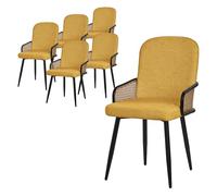 ML-Design Juego de 6X Sillas de Comedor con Funda de Tela Mostaza, Asiento de Salón con Respaldo, Reposabrazos con Aspecto de Ratán Mueble Tapizado con Patas de Metal, Sillón Ergonómico de Cocina