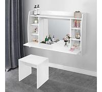 ML-Design Juego De Tocador De Pared con Taburete 110 x 75x 48,5cm Blanco Moderno con Espejo 6 Compartimentos De Almacenaje Mesa de Maquillaje Cosméticos Almacenamiento Tablero MDF Dormitorio
