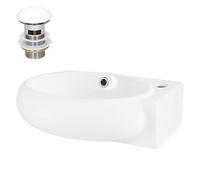 ML-Design Lavabo Blanco Ovalado 430 x 280 x 150 mm Lavamanos de Cerámica sobre Encimera o de Pared con Agujero para Grifo en Derecha y Juego de Desagüe Blanco Pila Pequeña para Cuarto de Baño