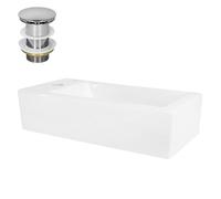 ML-Design Lavabo Blanco Rectangular 510 x 250 x 130 mm Lavamanos de Cerámica sobre Encimera o de Pared con Agujero para Grifo en Izquierda y Juego de Desagüe Cromado Pila Pequeña para Cuarto de Baño