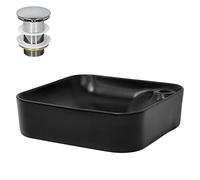 ML-Design Lavabo Cuadrado Ovalado 430x430x120 mm Negro de Cerámica Mate Fregadero para Pared o Sobre Encimera con Juego de Desagüe Cromado Lavamanos Diseño Moderno Aseo Baño con Agujero para Grifo