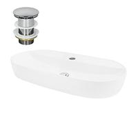 ML-Design Lavabo de Cerámica 80x40x12 cm Blanco con Juego de Desagüe Fregadero Ovalado de Pared o Sobre Encimera Pila de Diseño Moderno Lavamanos para Baño o Aseo con Agujero para Grifo