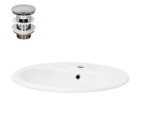 ML-Design Lavabo de Cerámica Blanco Brillante con Forma Ovalada 570 x 485 x 495 mm Inlcuye Juego De Desagüe Cromado Pila con Rebosadero y Agujero para Grifo Lavamanos Moderno Encastrable Para Baño