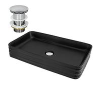 ML-Design Lavabo de Cerámica Negro Mate 68 x 38 x 12 cm Fregadero Rectangular de Pared o Sobre Encimera Pila de Diseño Moderno Lavamanos para Baño Aseo con Juego de Desagüe y Agujero para Grifo