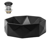 ML-Design Lavabo de Cerámica Negro Mate Forma De Diamante Ø 42 x 13,5 cm Con Juego De Drenaje Sin Rebosadero Lavamanos Moderno De Encimera Sobremesa Pila Para Baño Aseo Fregadero Colgante