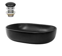 ML-Design Lavabo de Cerámica Negro Mate Ovalado 600 x 425 x 145 mm Con Juego De Drenaje Sin Rebosadero Lavamanos Moderno De Encimera Sobremesa Pila Para Baño Aseo Fregadero Colgante