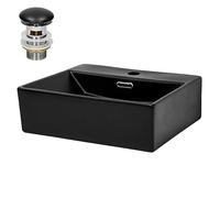ML-Design Lavabo de Cerámica Negro Mate Rectangular 415x365x130 mm Con Juego De Drenaje Rebosadero Orificio Para Grifo Lavamanos Moderno Sobre Encimera Pila Para Baño Aseo Fregadero Colgante Pared