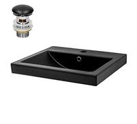 ML-Design Lavabo de Cerámica Negro Mate Rectangular 53,5 x 46 x 16,5 cm Con Juego De Drenaje Y Rebosadero Orificio Para Grifo Lavamanos Moderno Encastrado Empotrado Pila Para Baño Aseo Fregadero