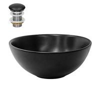 ML-Design Lavabo de Cerámica Negro Mate Redondo Ø 280 x 150 mm Con Juego De Drenaje Sin Rebosadero Lavamanos Moderno De Encimera Sobremesa Pila Para Baño Aseo Fregadero Colgante