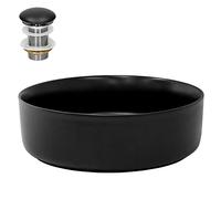 ML-Design Lavabo de Cerámica Negro Mate Redondo Ø 360 x 120 mm Con Juego De Drenaje Sin Rebosadero Lavamanos Moderno De Encimera Sobremesa Pila Para Baño Aseo Fregadero Colgante