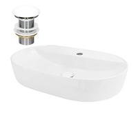 ML-Design Lavabo de Cerámica Ovalado 60x40x12 cm Blanco Fregadero de Pared o Sobre Encimera Pila de Diseño Moderno Minimalista Lavamanos para Baño o Aseo con Agujero para Grifo y Juego de Desagüe