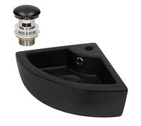 ML-Design Lavabo Esquinero de Cerámica 46 x 33 x 13 cm Negro con Juego de Desagüe Fregadero de Pared o Sobre Encimera Pila Moderna Lavamanos para Baño o Aseo con Agujero para Grifo y Rebosadero