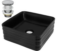 ML-Design Lavabo negro cuadrado de cerámica con desagüe plateado