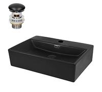 ML-Design Lavabo Negro Rectangular de Cerámica Mate 510 x 360 x 130 mm Fregadero para Pared o Sobre Encimera Pila Diseño Moderno Lavamanos para Baño con Juego de Desagüe Negro y Agujero para Grifo