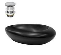 ML-Design Lavabo Ovalado 58,5 x 37,5 x 14,5 cm Negro de Cerámica Mate Fregadero para Pared o Sobre Encimera con Juego de Desagüe Cromado Lavamanos Diseño Moderno para Mueble Baño Pila para Aseo WC
