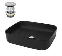 ML-Design Lavabo Rectangular de Cerámica Negro Mate 510 x 405 x 135 mm Fregadero de Pared o Sobre Encimera con Juego de Desagüe Cromado Diseño Moderno Lavamanos para Baño Aseo con Agujero para Grifo