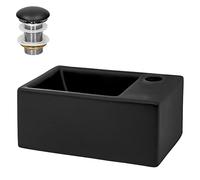 ML-Design Lavabo Sobre Encimera, 35,5x20,5x12,5cm, Cerámica, Pila Tapón Común sin Rebosadero, Diseño Rectangular, Lavadero Negro Mate, Lavamanos Sobremesa Sanitario Baño o Aseo, Moderno y Elegante