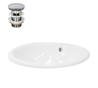 ML-Design Lavabo Sobre Encimera 490 x 405 x 195 mm de Cerámica Diseño Ovalado Moderno y Elegante Lavadero Empotrable Blanco Brillante con Rebosadero Lavamanos para Baño con Válvula de Desagüe