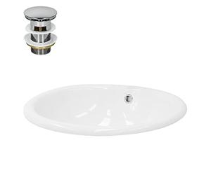 ML-Design Lavabo Sobre Encimera 490 x 405 x 195 mm de Cerámica Diseño Ovalado Moderno y Elegante Lavadero Empotrable Blanco Brillante con Rebosadero Lavamanos para Baño con Válvula de Desagüe