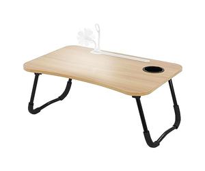 ML-Design Mesa de Ordenador Portátil para Cama/Sofá Aspecto Madera 60x40 cm Soporte para Tableta y Bebidas Mueble Plegable Pupitre para Regazo con 4 Puertos USB de Carga, Cajón, Lámpara y Ventilador