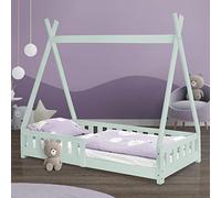 ML DESIGN modern living Cama Infantil Tipi 80x160 cm con Protección Anticaída y Somier Listones de Madera de Pino Maciza Color Turquesa Forma de Casa Mobiliario Juego Tienda de Campaña para Niños